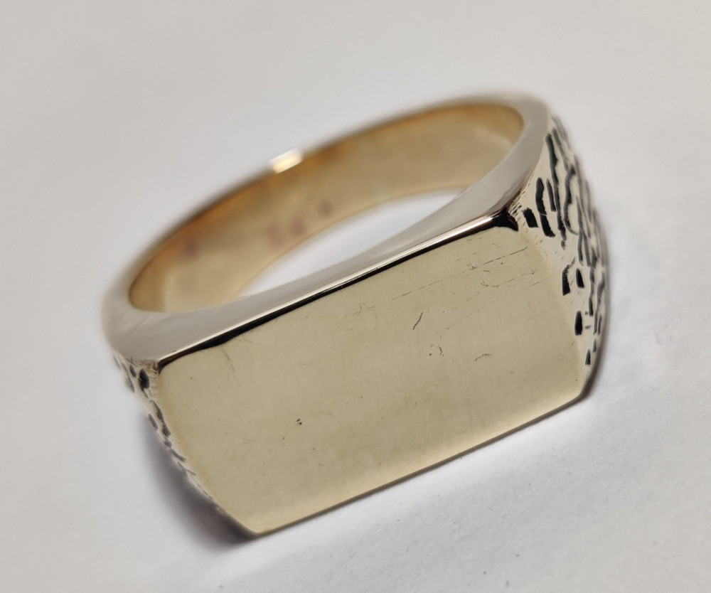 Solid 925 Sterling Silver Gold Plated Rectangle Signet Ring - Textured Men's Ban