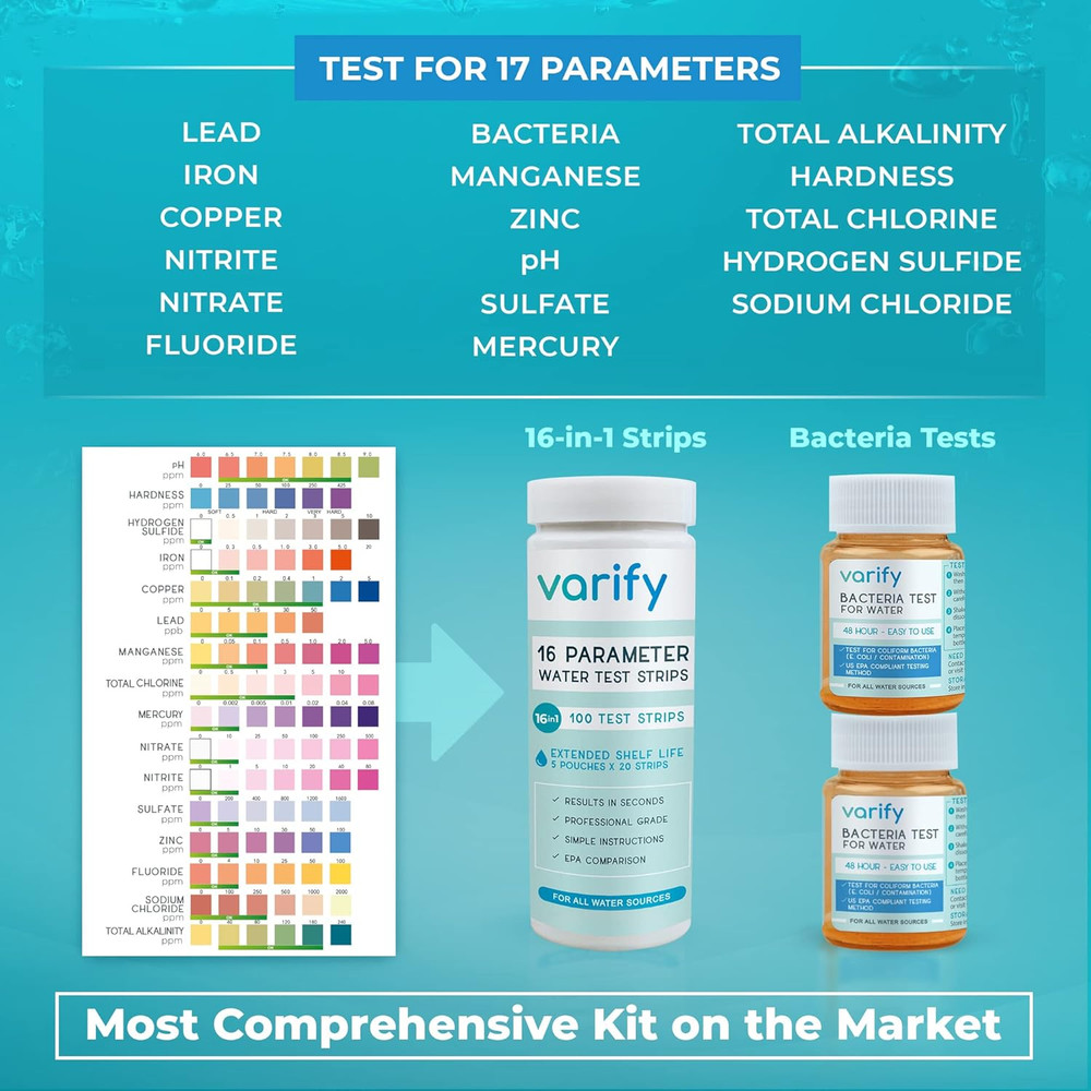 17In1 Complete Drinking Water Test Kit - 100 Strips + 2 Bacteria Tester Kits - W