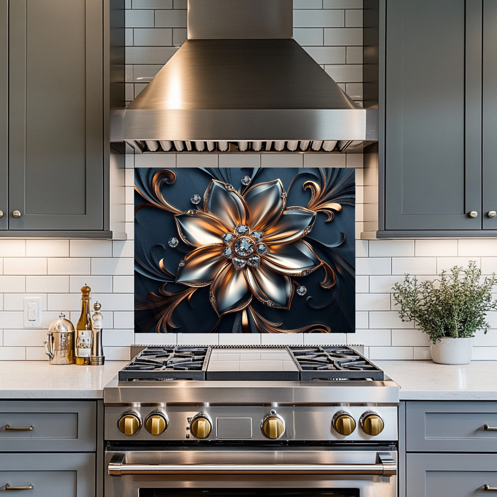 Silver & Copper Floral Backsplash Panel, Luxury Diamond Flower Kitchen Wall Art