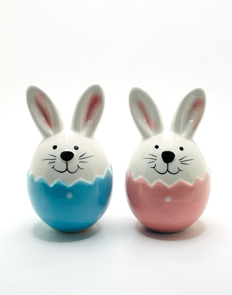 Evergreen Ceramic Easter Bunny in Egg Salt & Pepper Shaker Set ~ Pink+Blue NEW