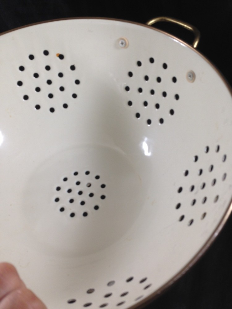 White Enamelware Footed Colander with Fruit Pattern Double Handle 11"
