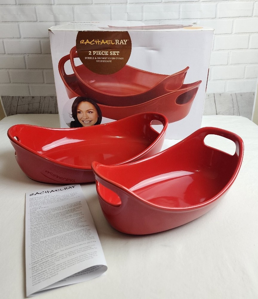 Rachael Ray Oven Stoneware 2-Piece Set Oval Bubble & Brown  Red New