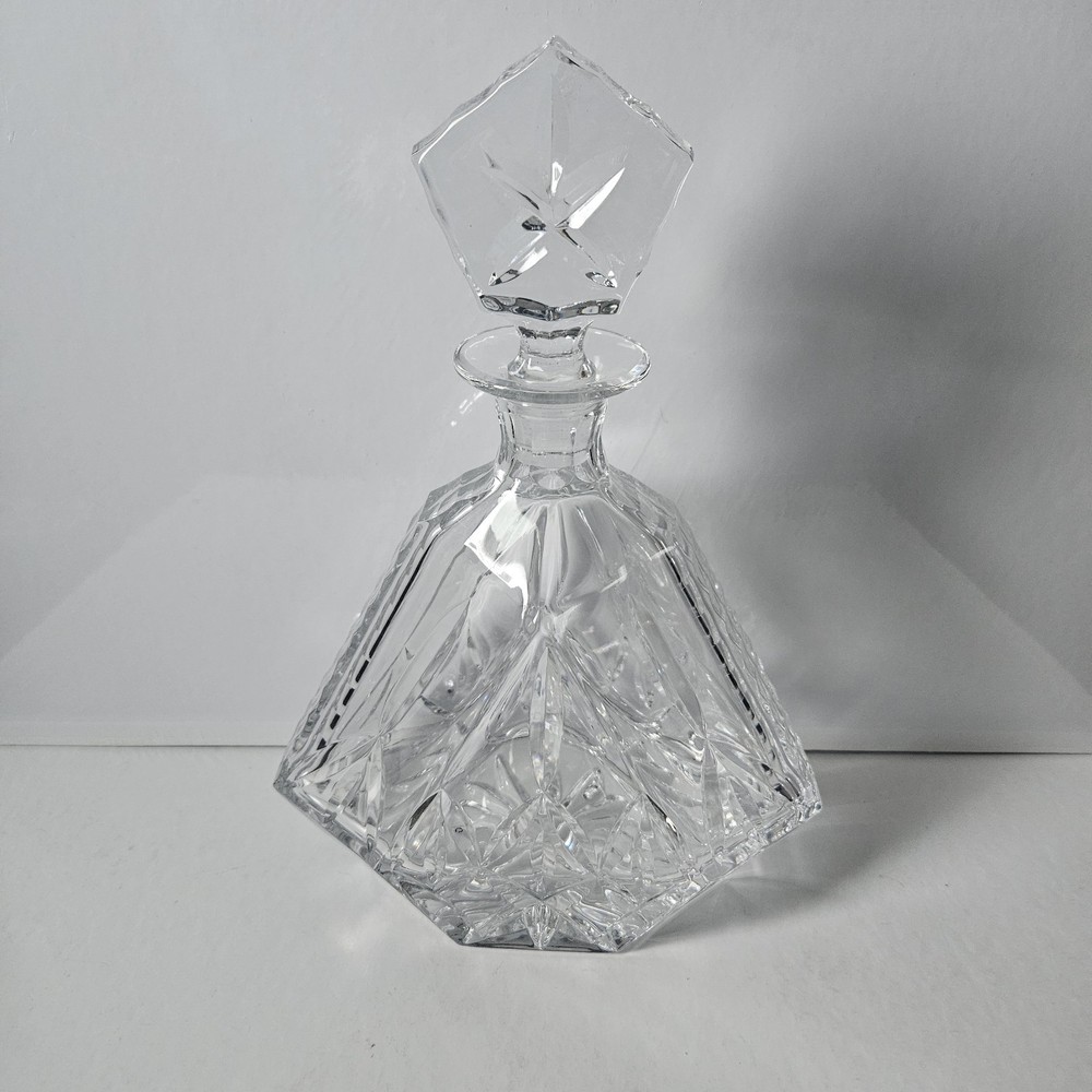 Vintage Block Cut Crystal Triangular Decanter & Stopper Olympic Pattern Heavy