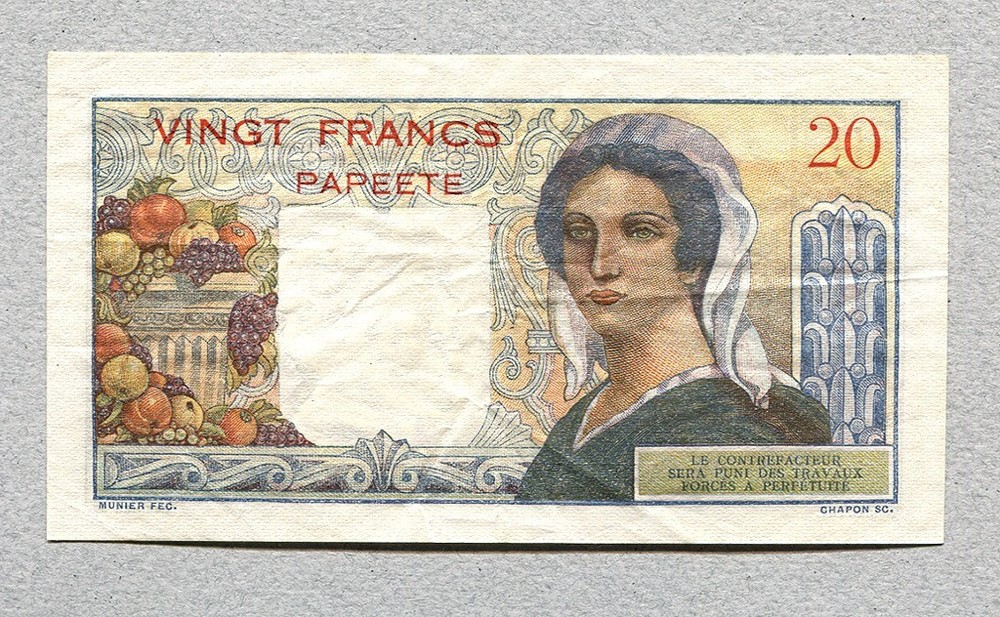 TAHITI 20 Francs 1951-63, P21b, VF+.