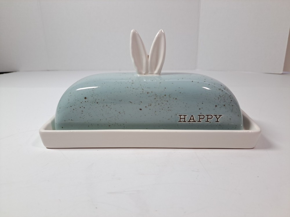 Pier 1 Speckled Blue & White Butter Dish With Bunny Ears Easter