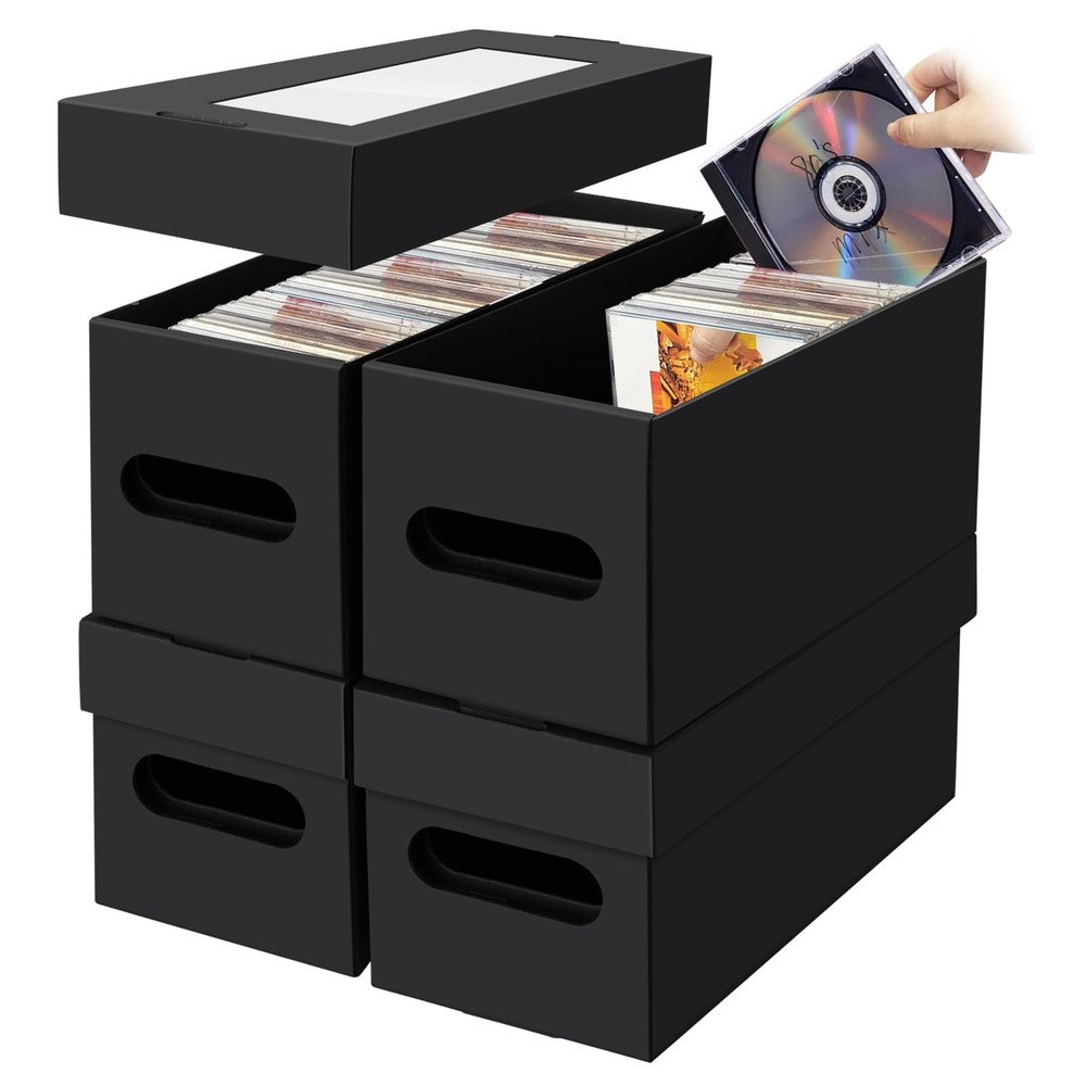 CD Storage Boxes,4 Pack Cardboard CD Case Storage,CD Case Holder with Lid,Hol...