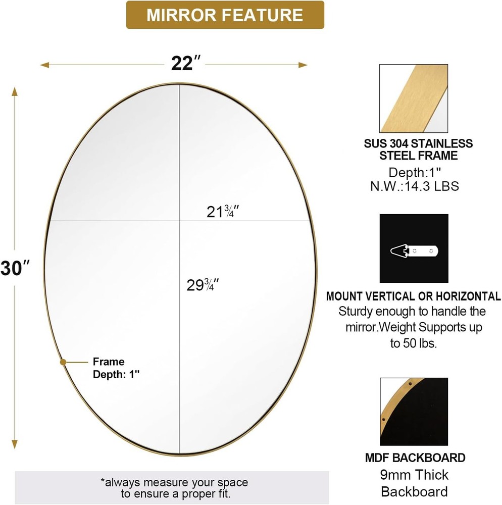 22x30in Brushed Gold Oval Bathroom Mirror