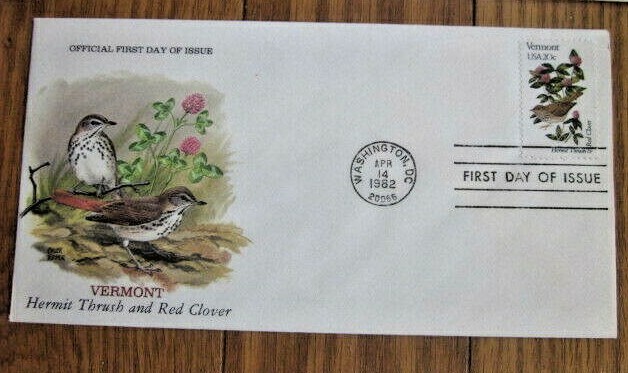 VERMONT STATE BIRD & FLOWER 1982 THRUSH & RED CLOVER FDC