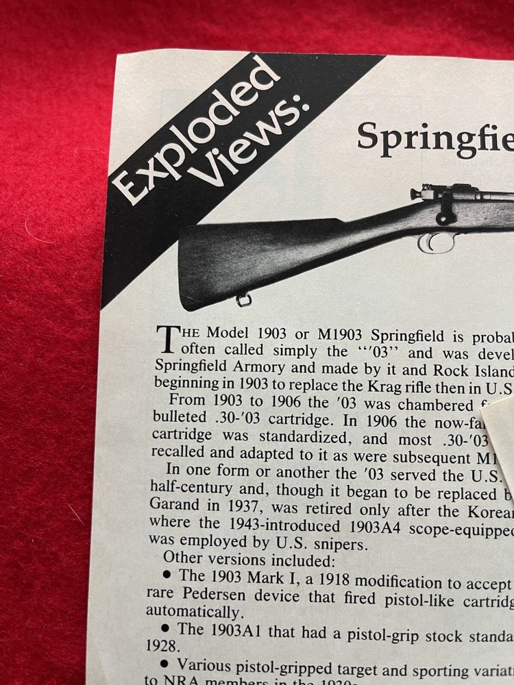 Springfield M1903 Rifle Magazine Article/Print Ad Exploded Views Disassembly