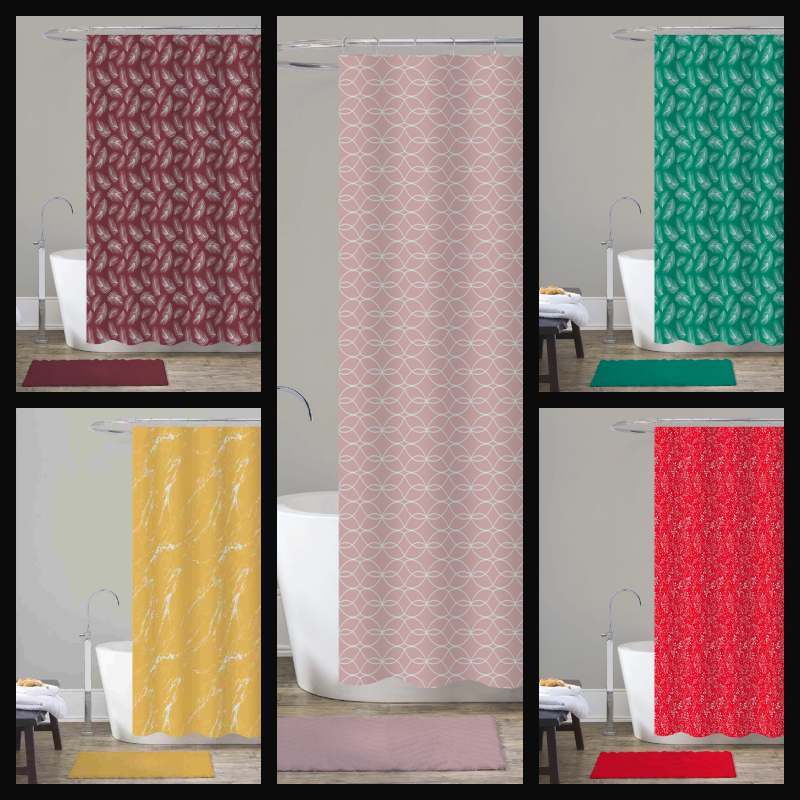 14 Piece Bathroom Set Rug, Fabric Printed Shower Curtain, & Roller Chrome Hooks
