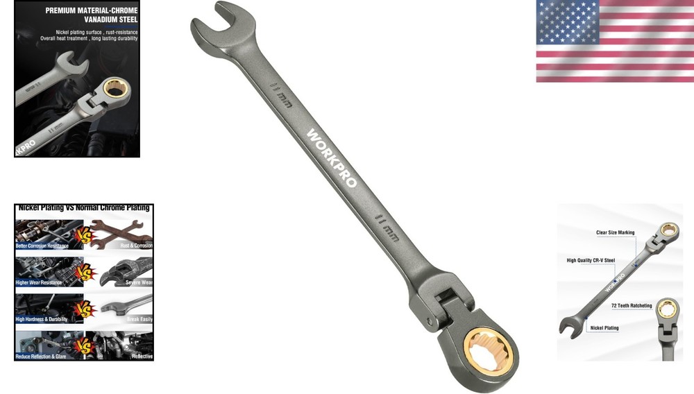 11mm Flex-Head Ratcheting Wrench - Compact, Durable, and Precise