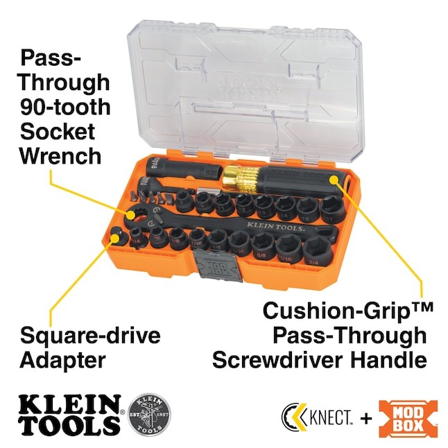 Klein Tools KNECT Essential Pass Through Impact Socket Set, SAE, Metric, 28-Piec