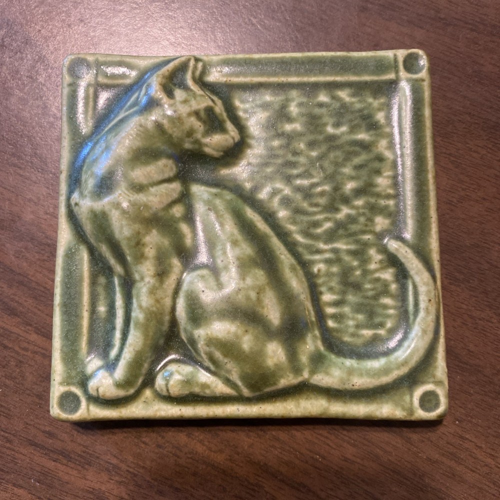Excellent and Rare Pewabic Pottery 4x4 Cat Tile
