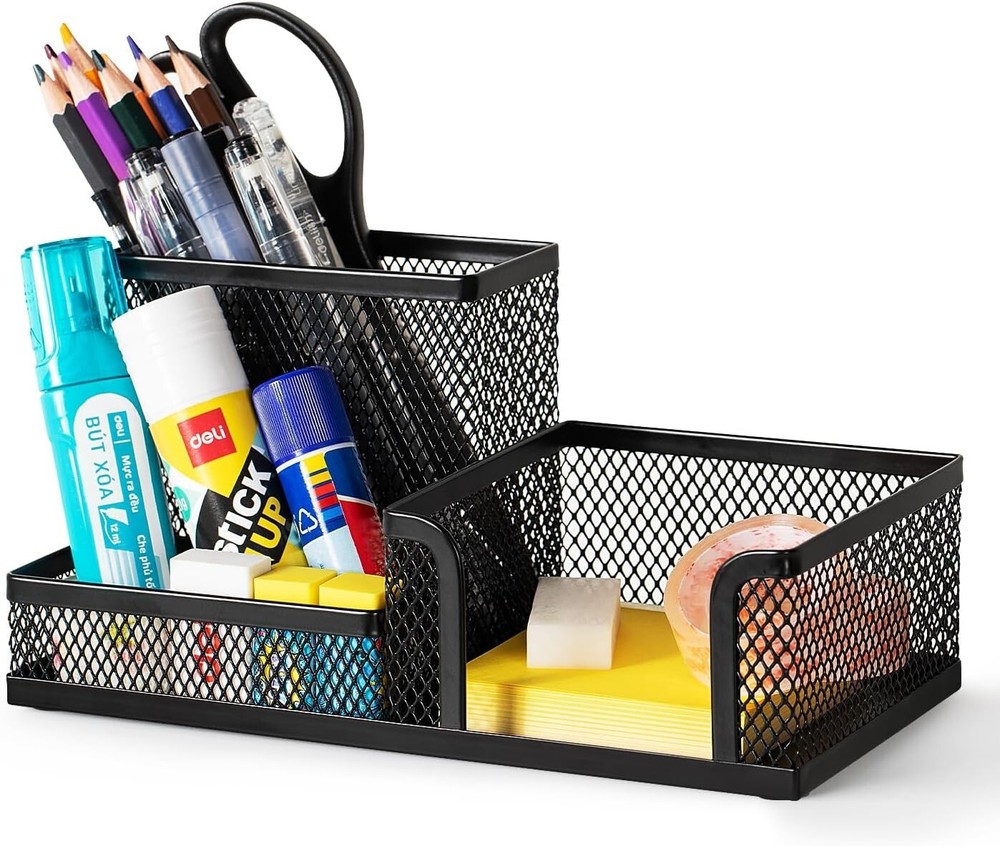Office Desk Organizer with Pencil Holder & Storage Baskets With 3 Compartments