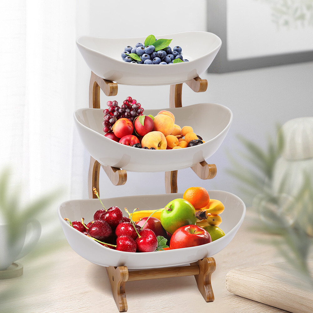 3-Tier Kitchen Fruit Tray Ceramic Vegetable Fruit Basket Bowl w/Wood Shelf