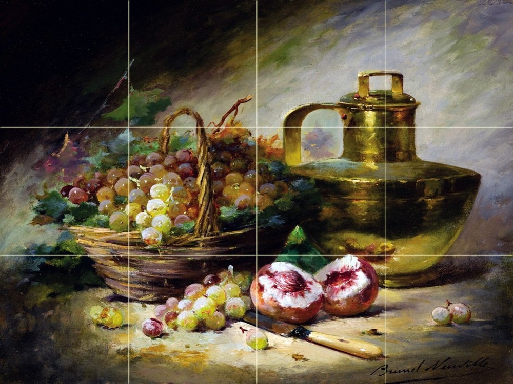 Still life with grapes and peaches Tile Mural Kitchen Wall Backsplash Art 24x18