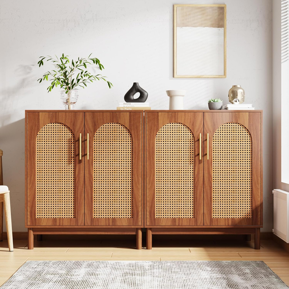 2-Piece Rattan Buffet Sideboard, 59" Storage Cabinet in Caramel Brown