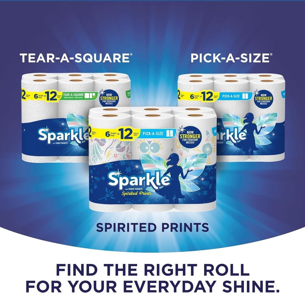 Sparkle Pick-A-Size Paper Towels Spirited Prints 6 Double Rolls = 12 Regular
