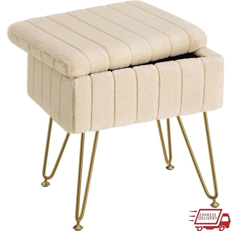 Faux Fur Makeup Stool W/ Storage Soft Ottoman Comfortable Footrest Home Office