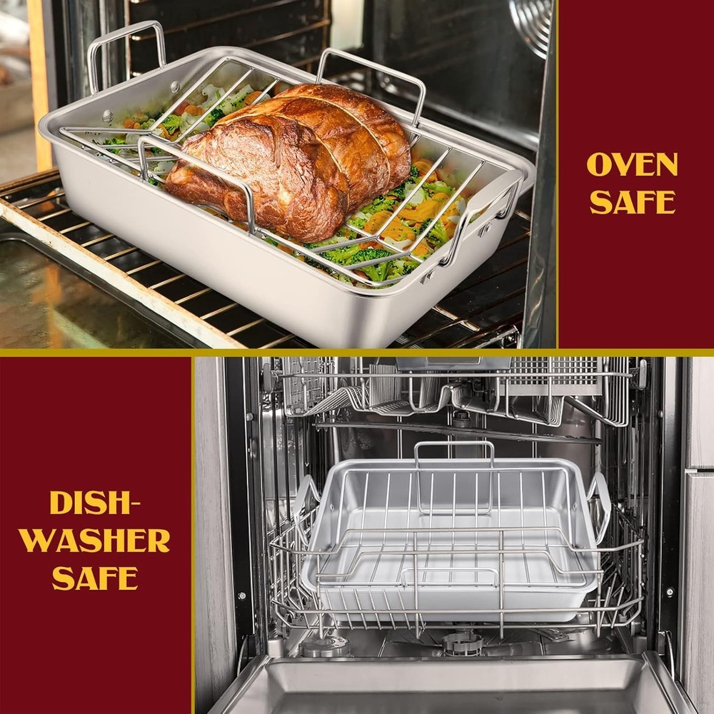 Stainless Steel Turkey Roasting Pan with V-Shaped Rack and Baking Rack Set,