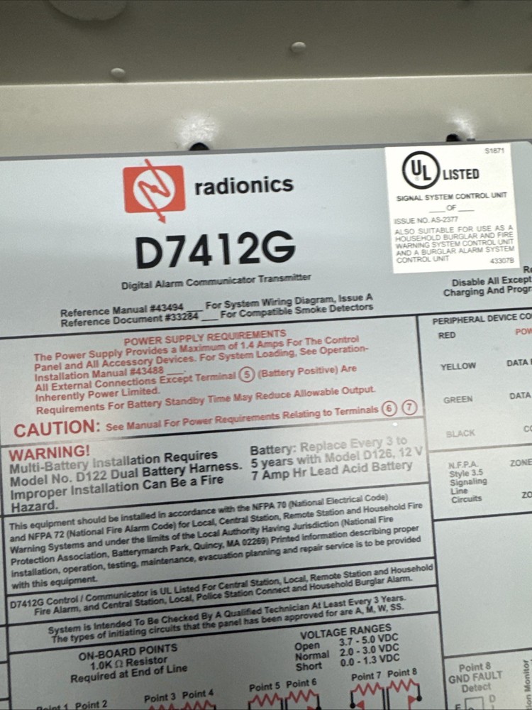 Bosch Radionics D7412G Digital Alarm Communicator Transmitter Panel W/Power Supp