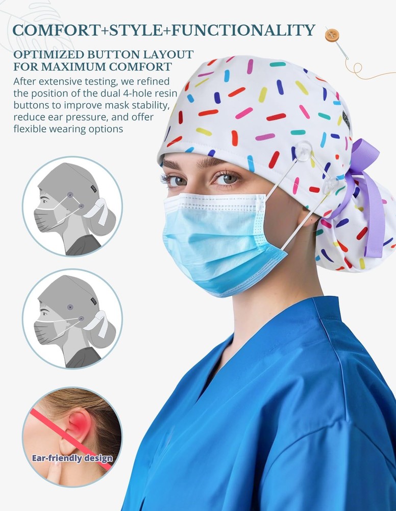 Scrub Caps Women Ponytail – Sprinkle White Double-Sided Printed Surgical Hat ...