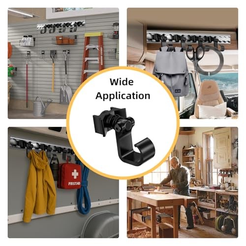 4 Pack L Track Hooks with Single Stud Fitting, Spring-Loaded Adjustable Black