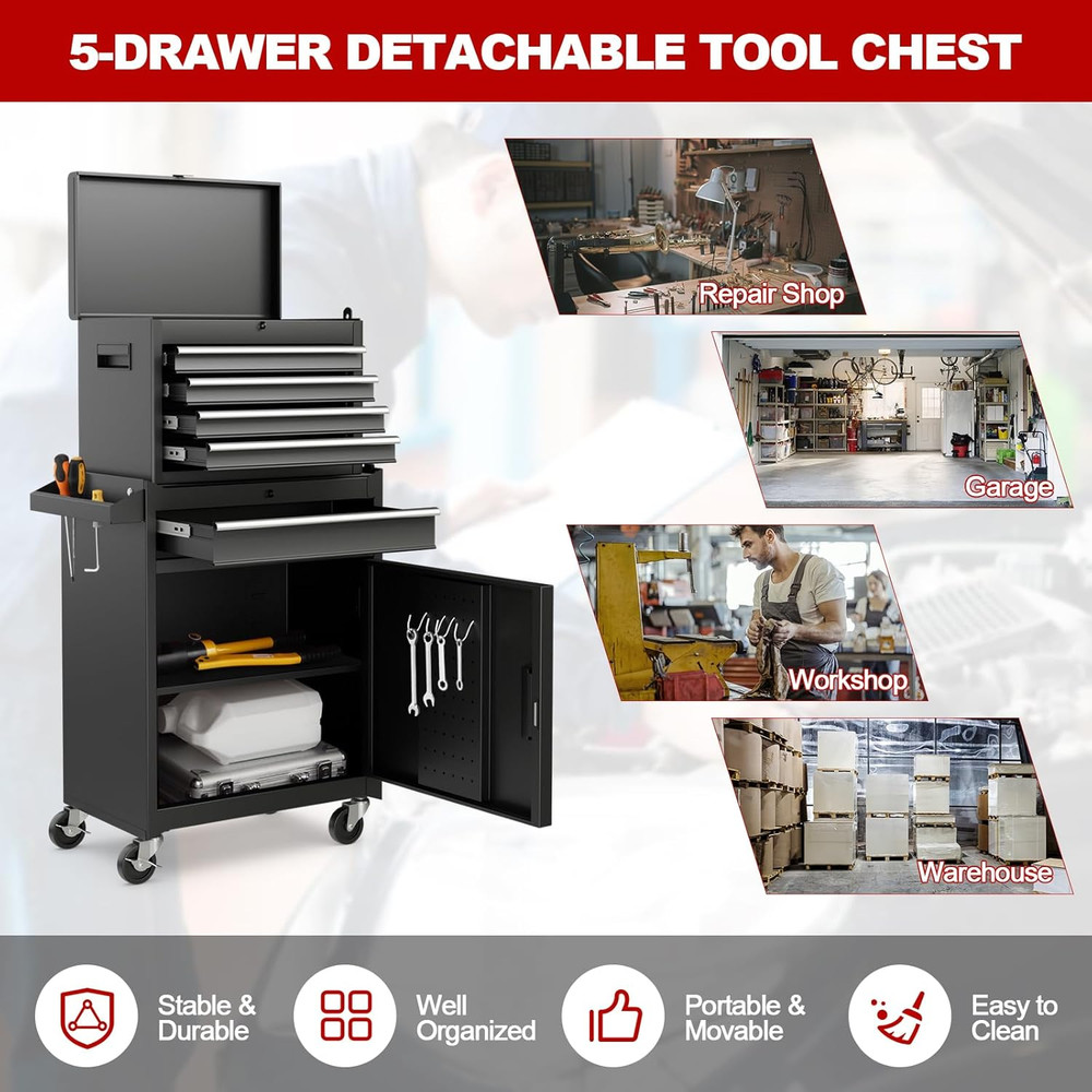 Tool Chest, 5 Drawers Rolling Tool Cabinet with Detachable Top Toolbox, Universa