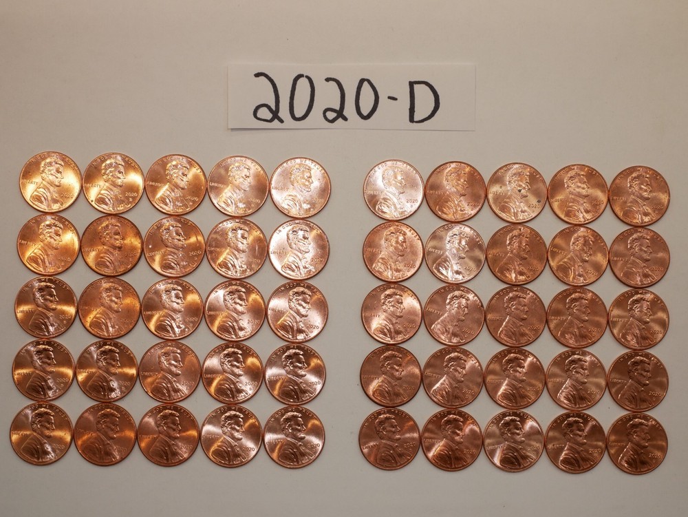 2020-D BU CENT ROLL SOLID DATE = 50 LINCOLN SHIELD PENNIES (8+ ITEMS SHIP FREE)