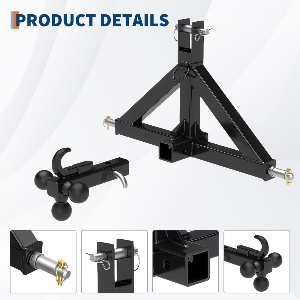 3 Point 2" Receiver Trailer Hitch Category 1 Tractor Mover Drawbar Hitch w/Hook