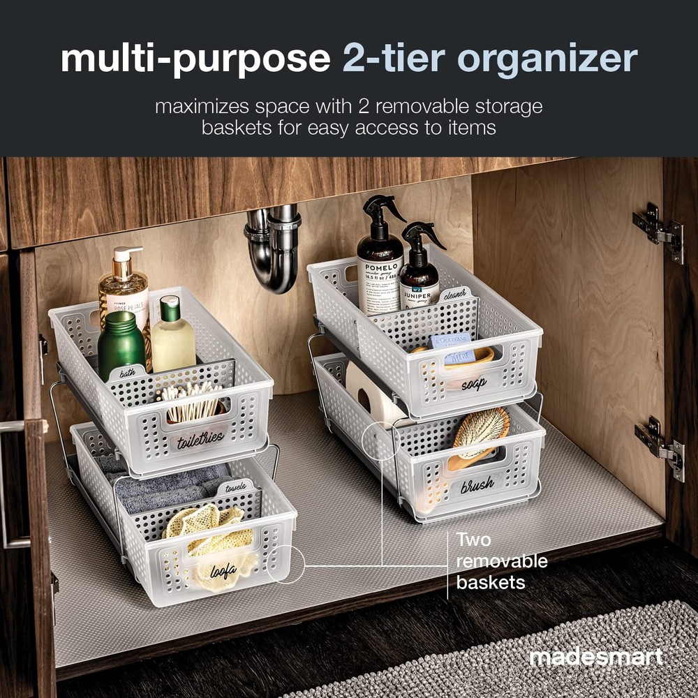 madesmart 2 Tier Bath Organizer, Undersink Storage with Sliding 1-Pack, Frost
