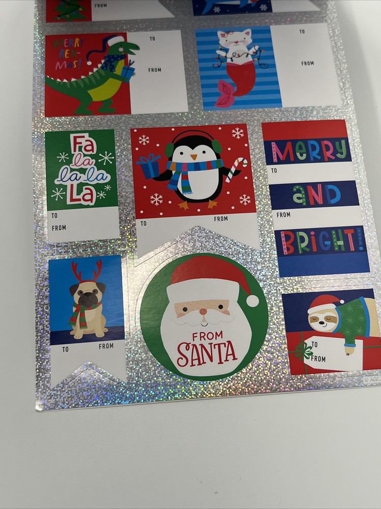 2 pack (100) Christmas Wrap Gift Tags - Peel & Stick Santa Tree Metallic Silver