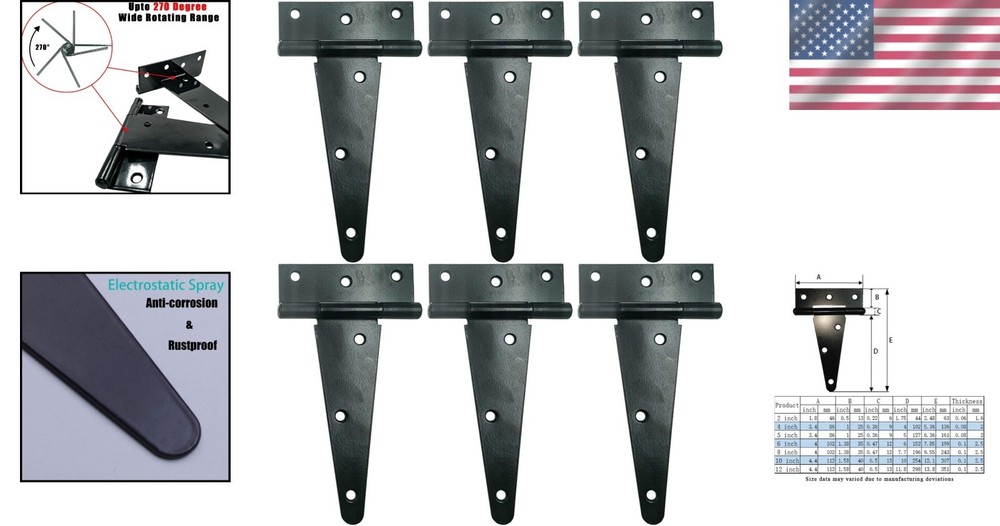 6 Inch Black Heavy-Duty T Hinges - Rustproof and Corrosion-Resistant, 6 Pack