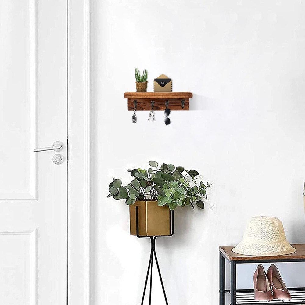 Rustic Key Holder for Wall, Farmhouse Wall Shelf with 4 Hooks, Wall Mounted Key