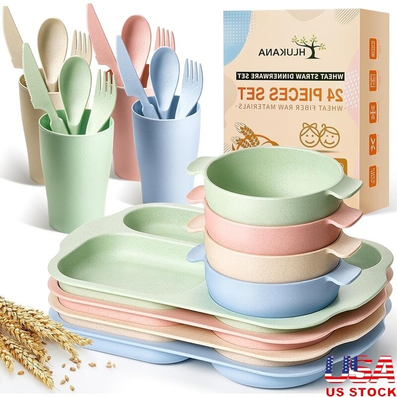 24 Pcs Unbreakable Dinnerware Set Kids Adults Microwave Safe Wheat Straw New
