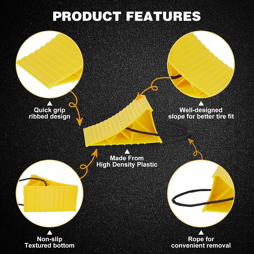 4Packs Yellow Heavy Duty Wheel Chocks with Rope, Easy Removal, Durable, Non-Slip