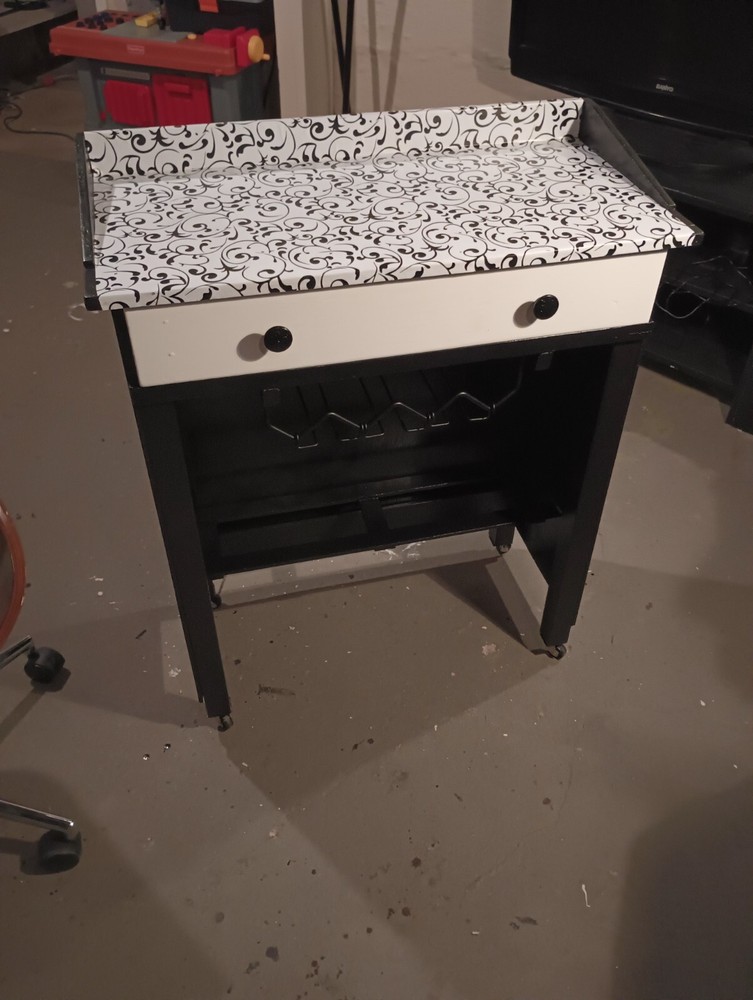 Repurposed Black and White Bar Cart on Wheels