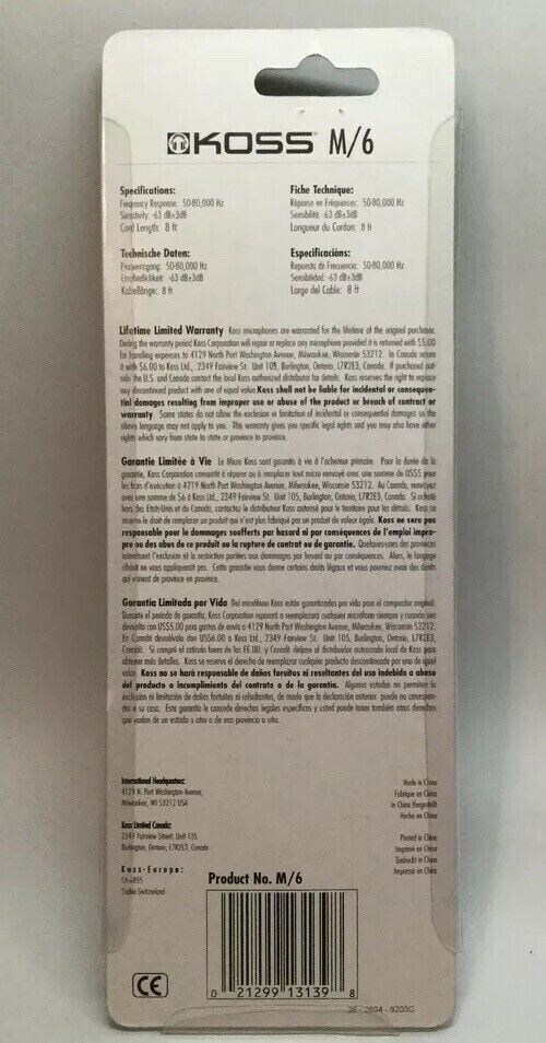 Koss M/6 Computer Label Microphone Compact Lightweight 8 ft cord Clip On NEW