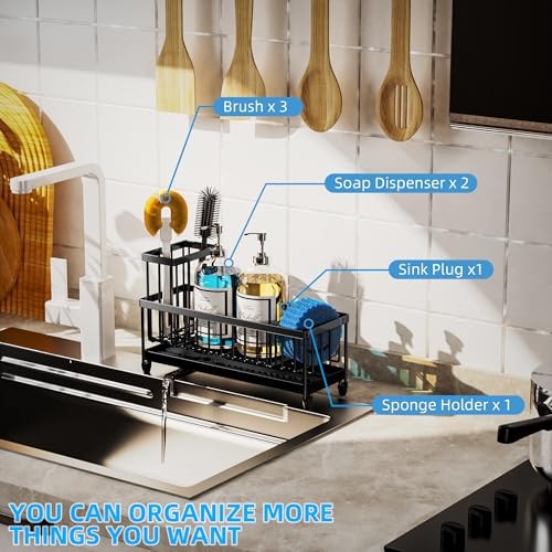 Extra Large Kitchen Sink Caddy, Rustproof Sponge Holder for Kitchen Sink Black