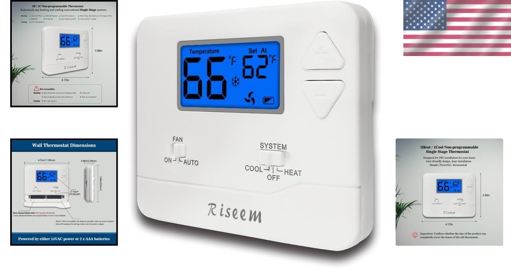 Battery-Powered Blue Backlight Thermostat for Single-Stage Systems, Easy Control