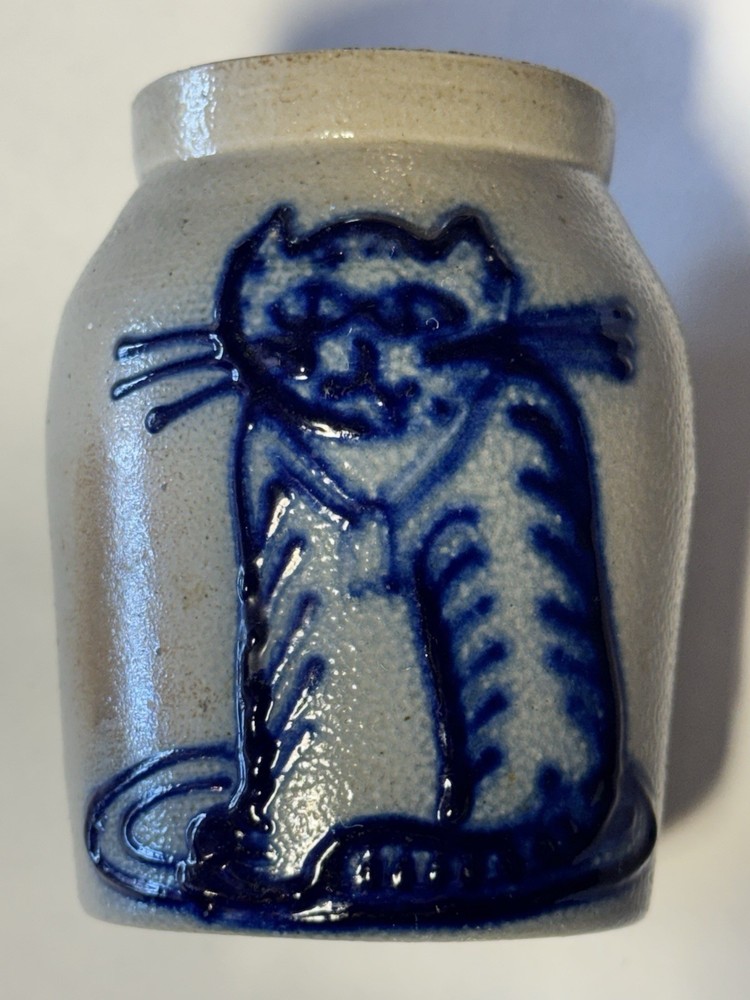 Signed Pottery Crock With A Cat On Front