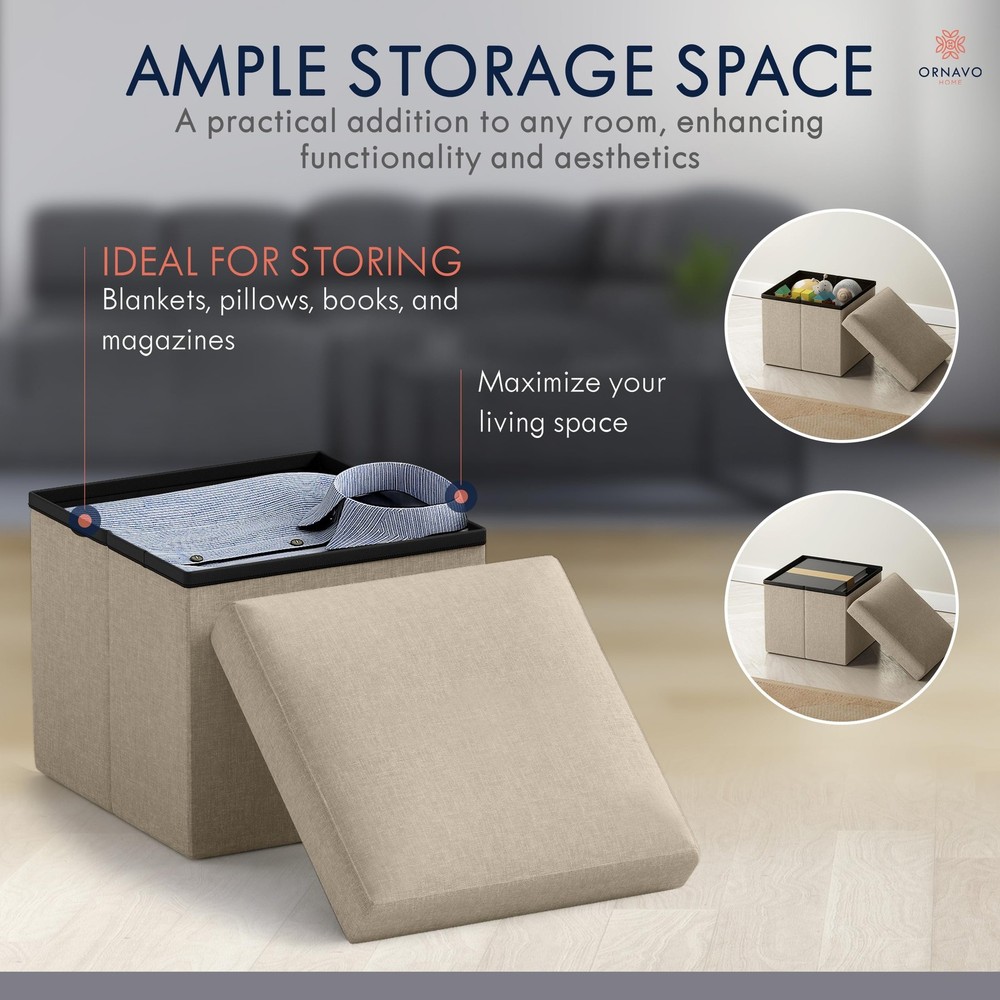 Small Storage Ottoman Foldable Collapsible Cube Square Linen Ottoman Foot Res...
