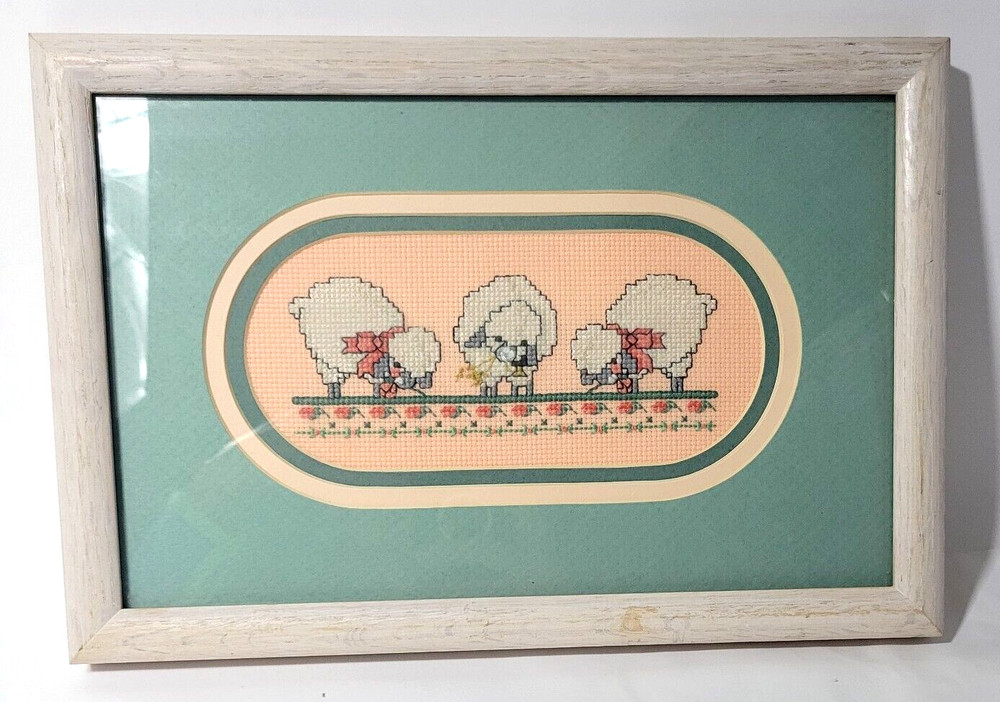 Framed Matted Completed Cross Stitch Lambs Sheep 12.5" X 8.5"