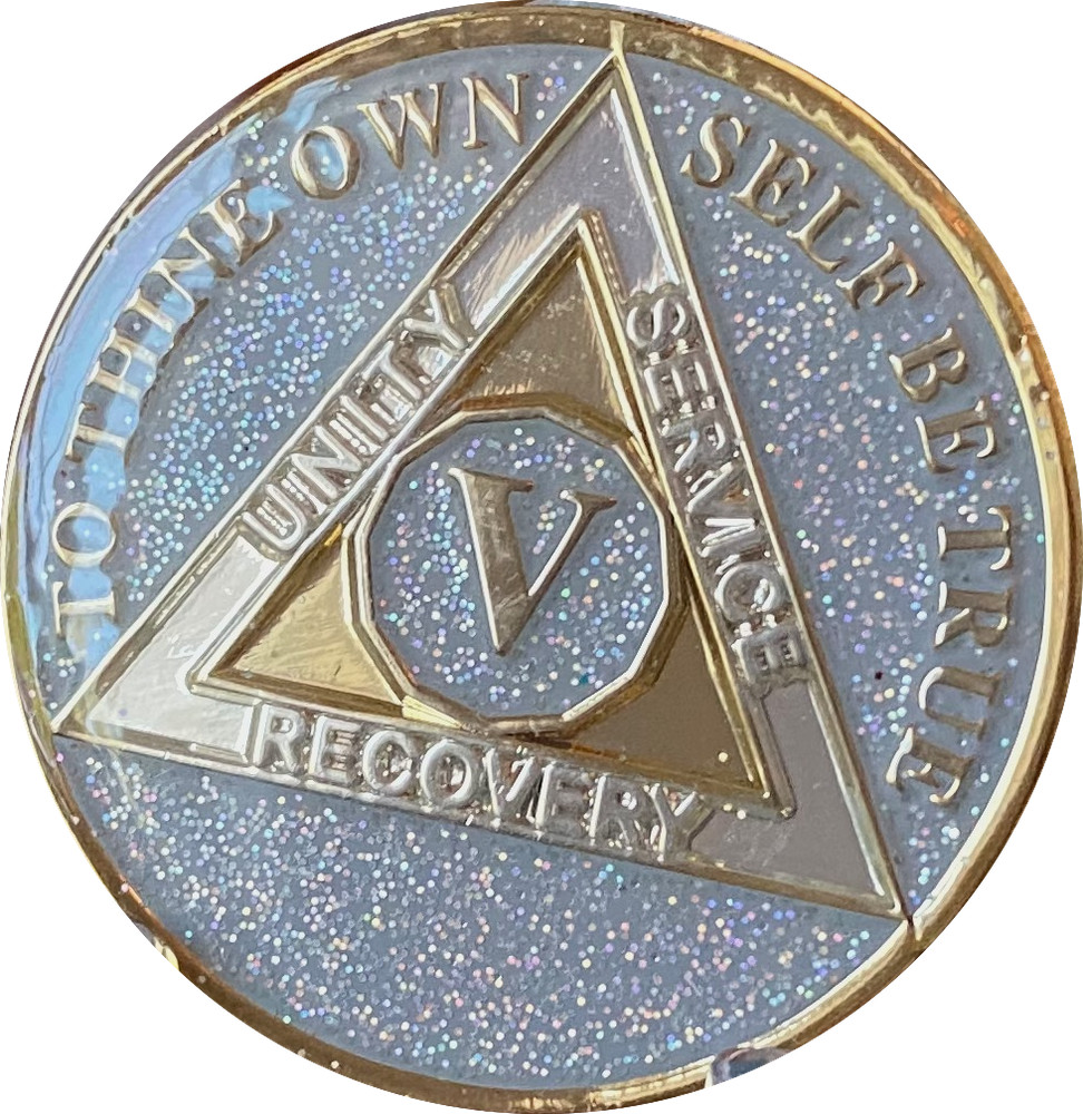 5 Year AA Medallion Opal Silver Glitter Tri-Plate Sobriety Chip