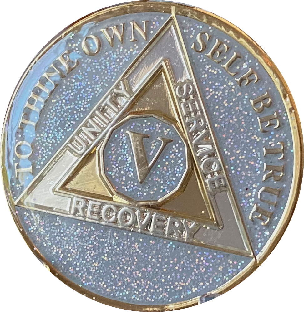 5 Year AA Medallion Opal Silver Glitter Tri-Plate Sobriety Chip