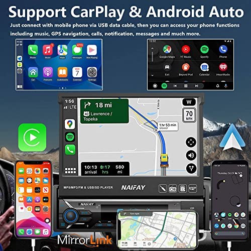 Single Din Touchscreen Car Stereo with Carplay & Android Auto, 7inch Flip Out