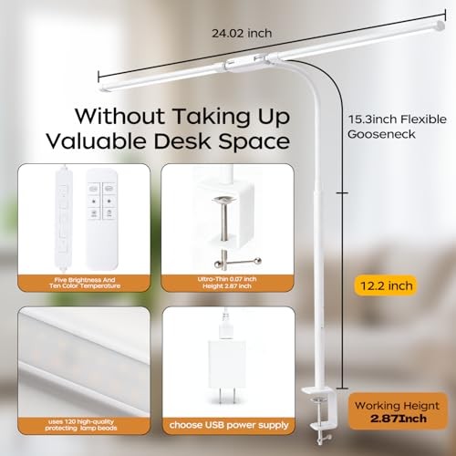 LED Desk Lamp with Clamp, Double Head Adjustable Architect Light, Eye White