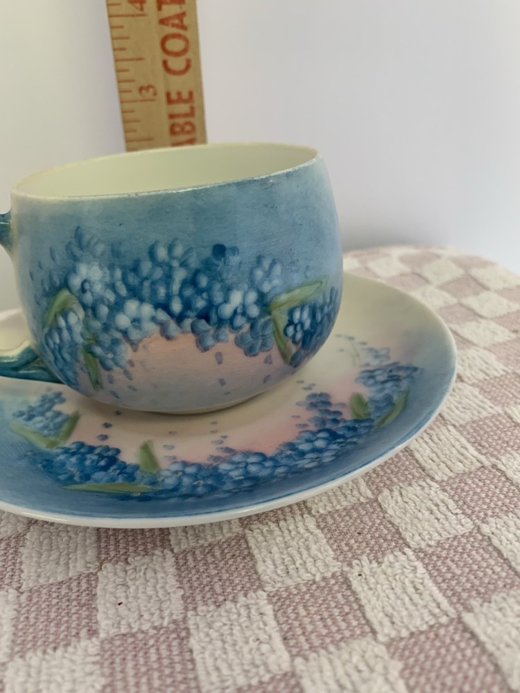 Blue & Pink Ceramic Cup & Saucer. Hydrangea Flowers Dainty