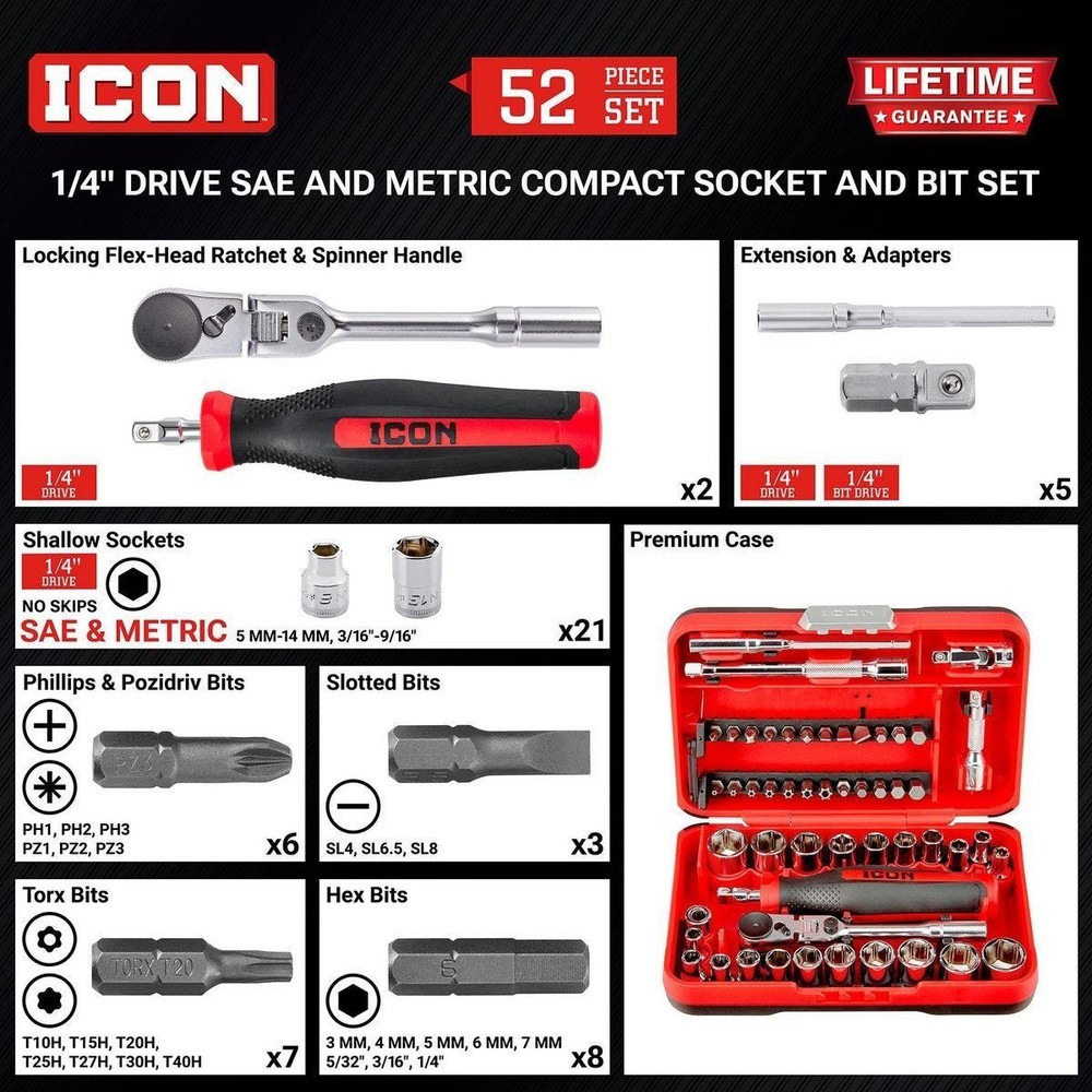 ICON 1/4 in. Drive Compact Socket and Bit Set, 52-Piece