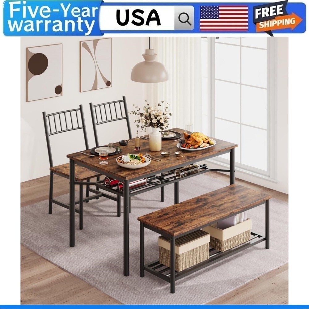 🔥🧰Dining Table Set for 4 Kitchen Table and 2 Chairs with Storage Bench Wine Ra